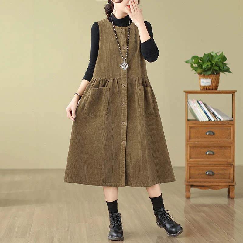 Jesienna sukienka midi z Buddha Stones w stylu retro, bez rękawów i kieszeniami - Image 14