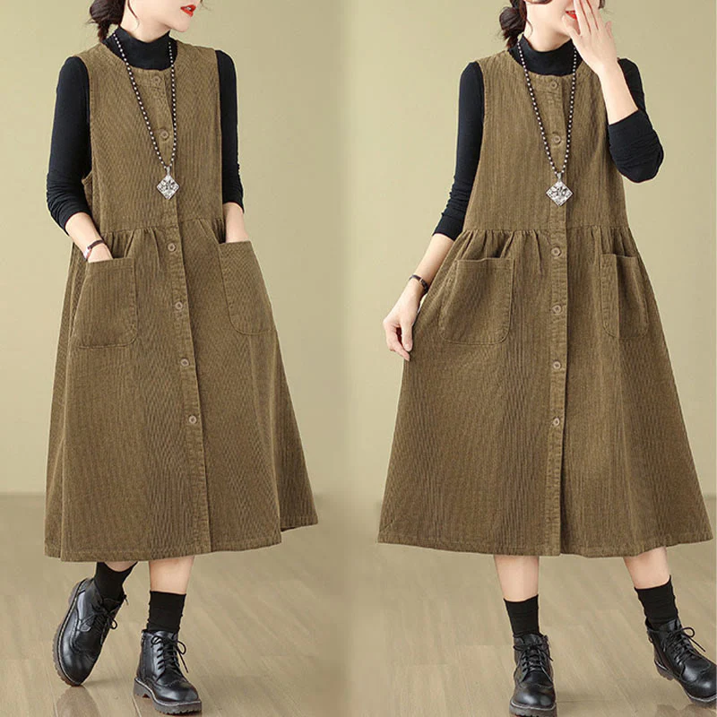 Jesienna sukienka midi z Buddha Stones w stylu retro, bez rękawów i kieszeniami - Image 17