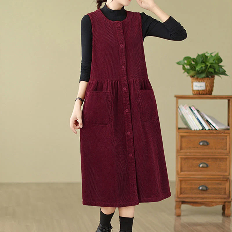 Jesienna sukienka midi z Buddha Stones w stylu retro, bez rękawów i kieszeniami - Image 22
