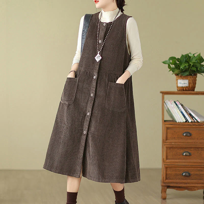 Jesienna sukienka midi z Buddha Stones w stylu retro, bez rękawów i kieszeniami - Image 3
