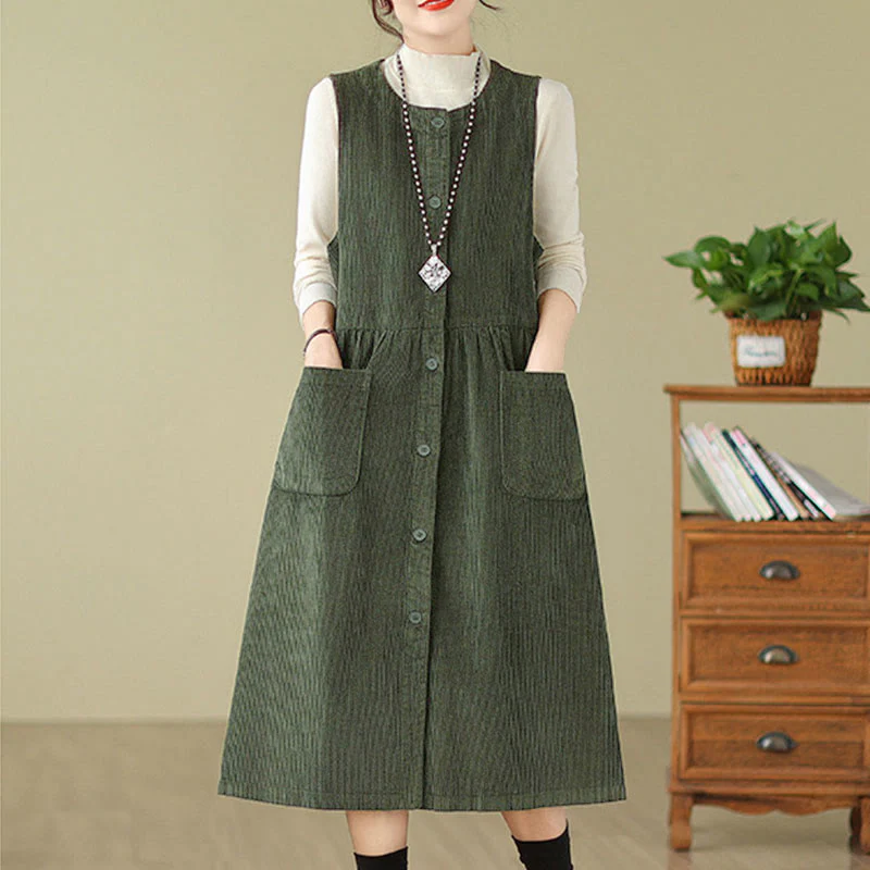 Jesienna sukienka midi z Buddha Stones w stylu retro, bez rękawów i kieszeniami - Image 9