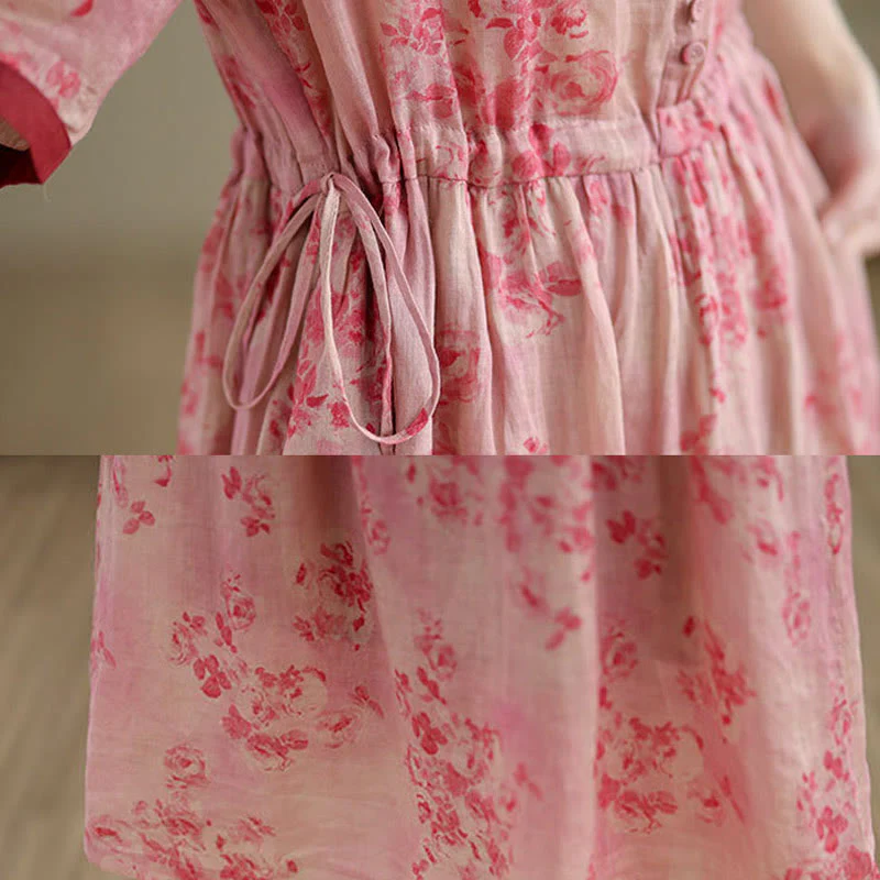 Sukienka midi z bawełny z krótkim rękawem i kieszeniami, z nadrukiem retro z motywem Buddha Stones i ściągaczem - Image 7
