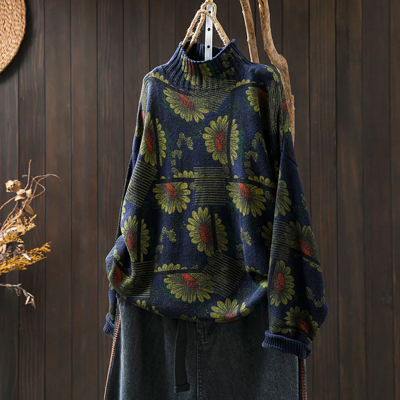 Sweter damski bawełniany z długim rękawem i okrągłym dekoltem w kształcie słonecznika z motywem Buddha Stones - Image 3