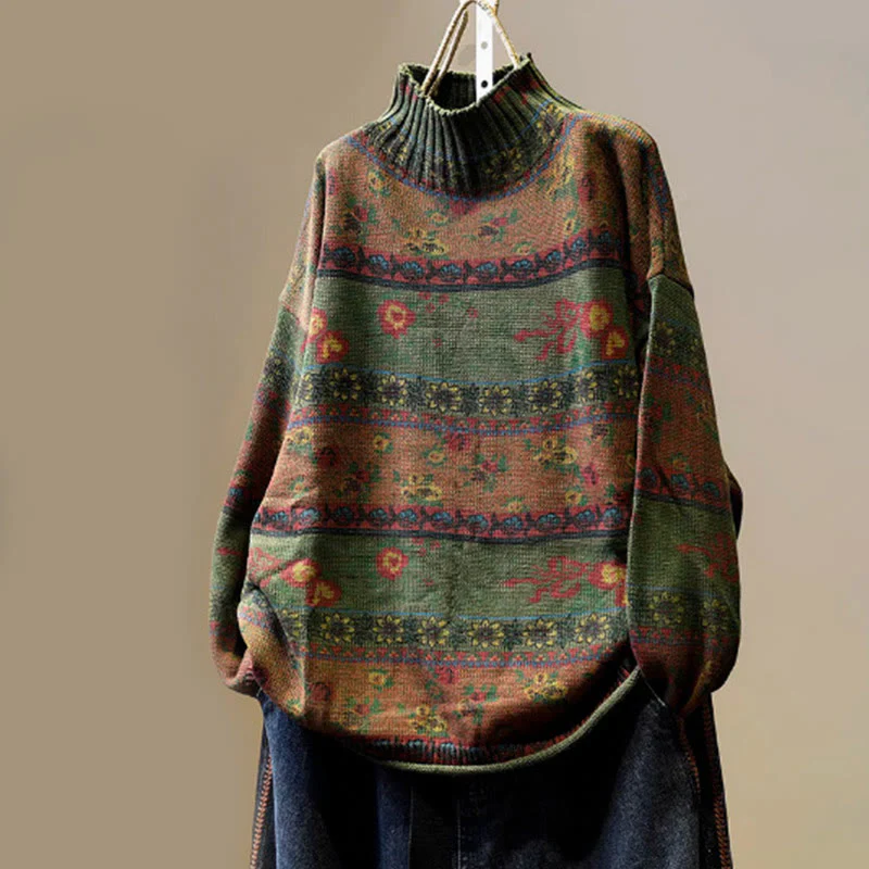 Sweter damski z bawełny z długim rękawem i okrągłym dekoltem w kwiaty w kolorze białym z Buddha Stones - Image 16