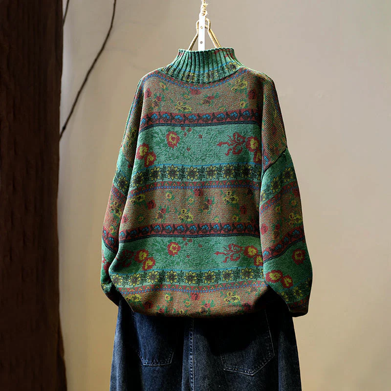 Sweter damski z bawełny z długim rękawem i okrągłym dekoltem w kwiaty w kolorze białym z Buddha Stones - Image 4