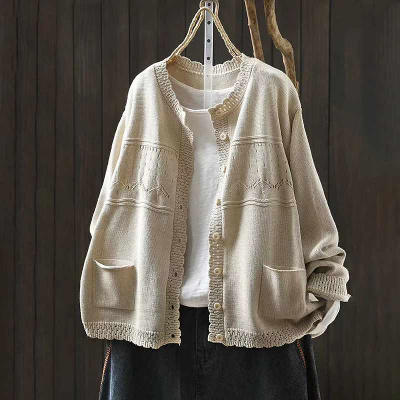 Sweter kardigan z długim rękawem i kieszeniami z dzianiny Buddha Stones Fall Lace Buttons Cotton - Image 15