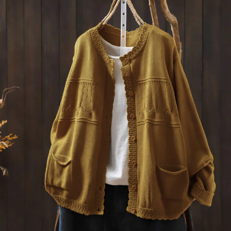 Sweter kardigan z długim rękawem i kieszeniami z dzianiny Buddha Stones Fall Lace Buttons Cotton - Image 17
