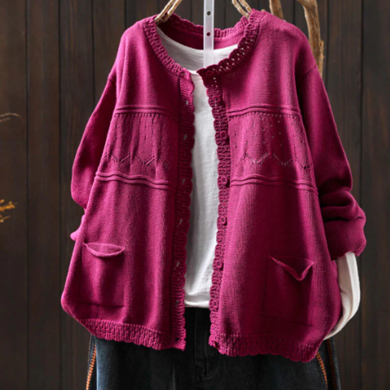 Sweter kardigan z długim rękawem i kieszeniami z dzianiny Buddha Stones Fall Lace Buttons Cotton - Image 19