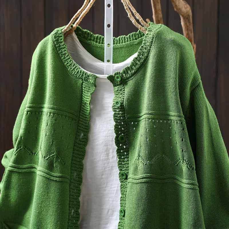 Sweter kardigan z długim rękawem i kieszeniami z dzianiny Buddha Stones Fall Lace Buttons Cotton - Image 26