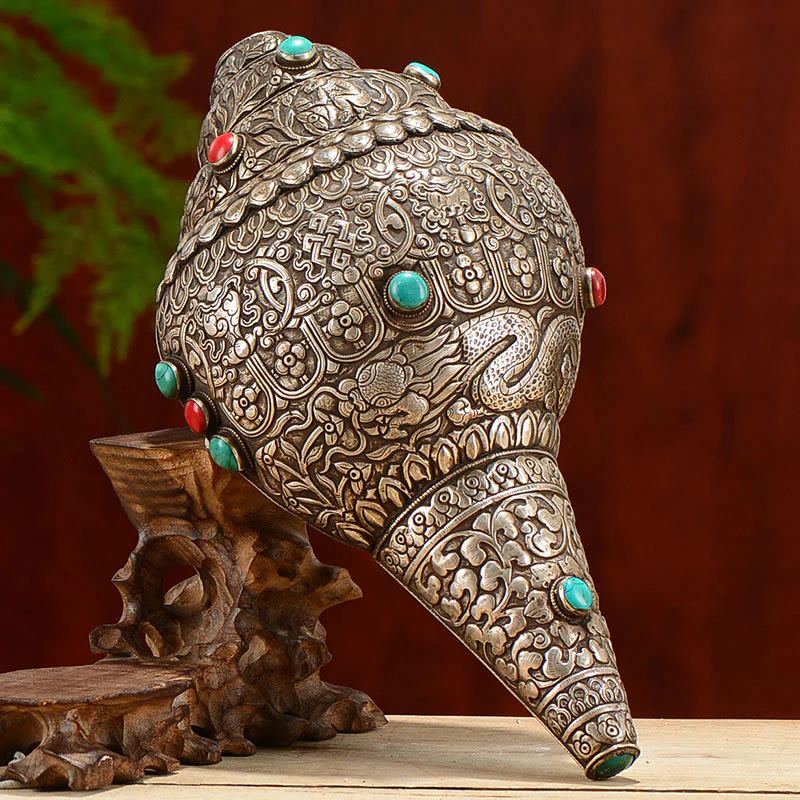 Tybetańska ręcznie robiona naturalna Shankha z ośmioma pomyślnymi symbolami, muszla Conch, szczęśliwa dekoracja domu