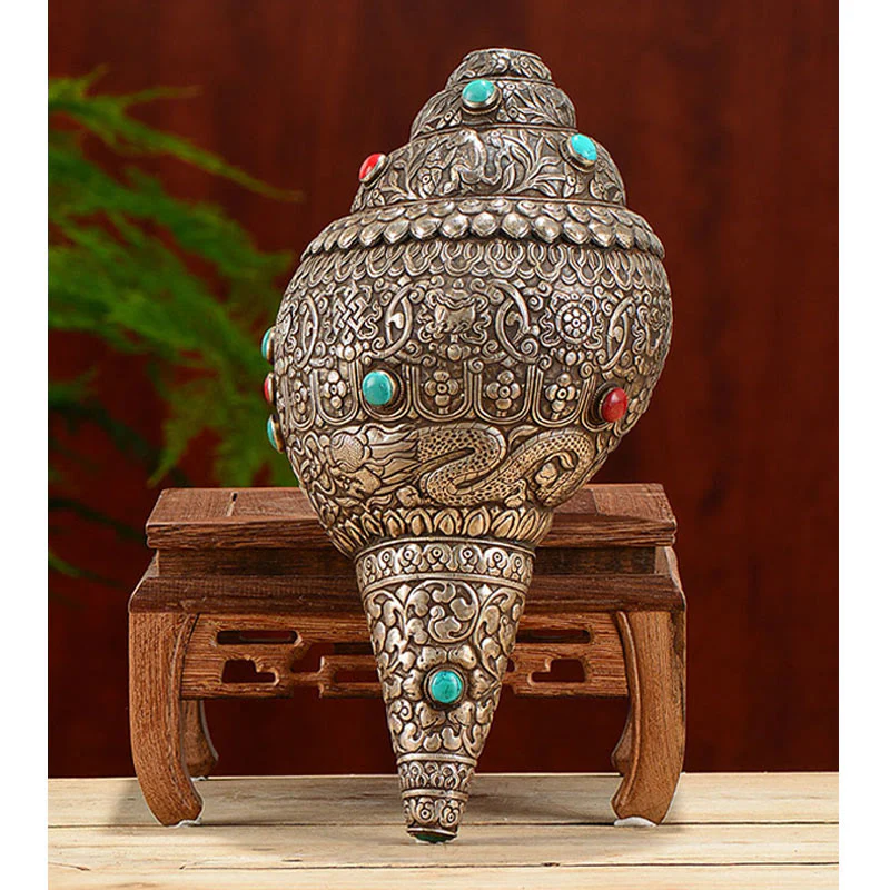 Tybetańska ręcznie robiona naturalna Shankha z ośmioma pomyślnymi symbolami, muszla Conch, szczęśliwa dekoracja domu - Image 11