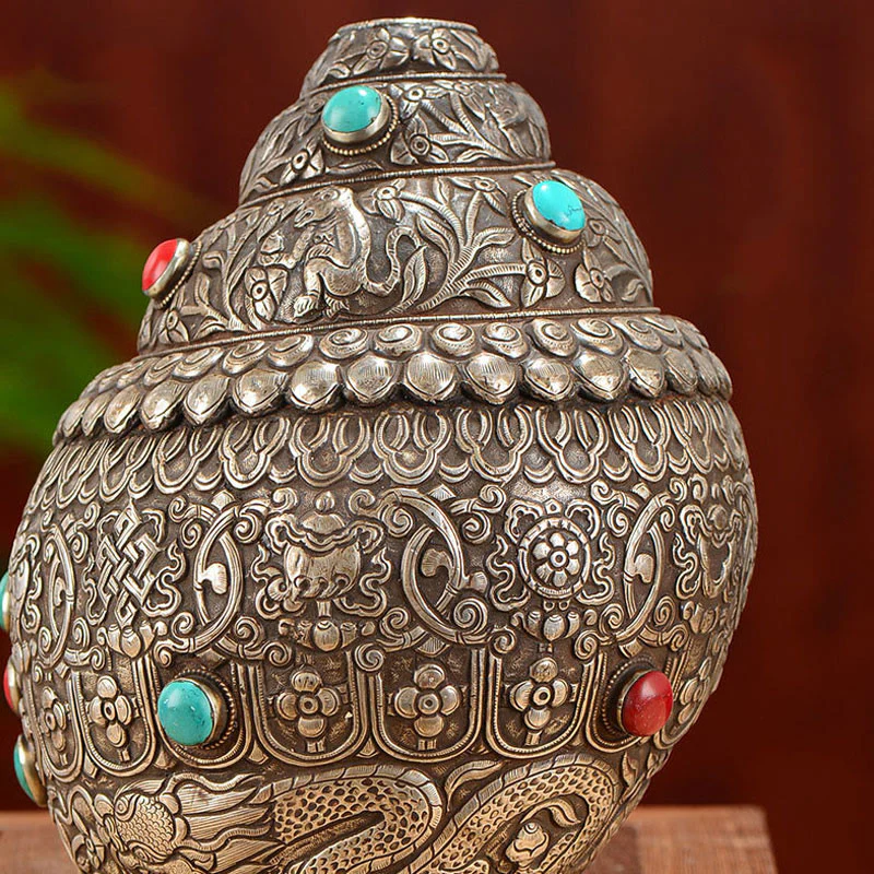 Tybetańska ręcznie robiona naturalna Shankha z ośmioma pomyślnymi symbolami, muszla Conch, szczęśliwa dekoracja domu - Image 7