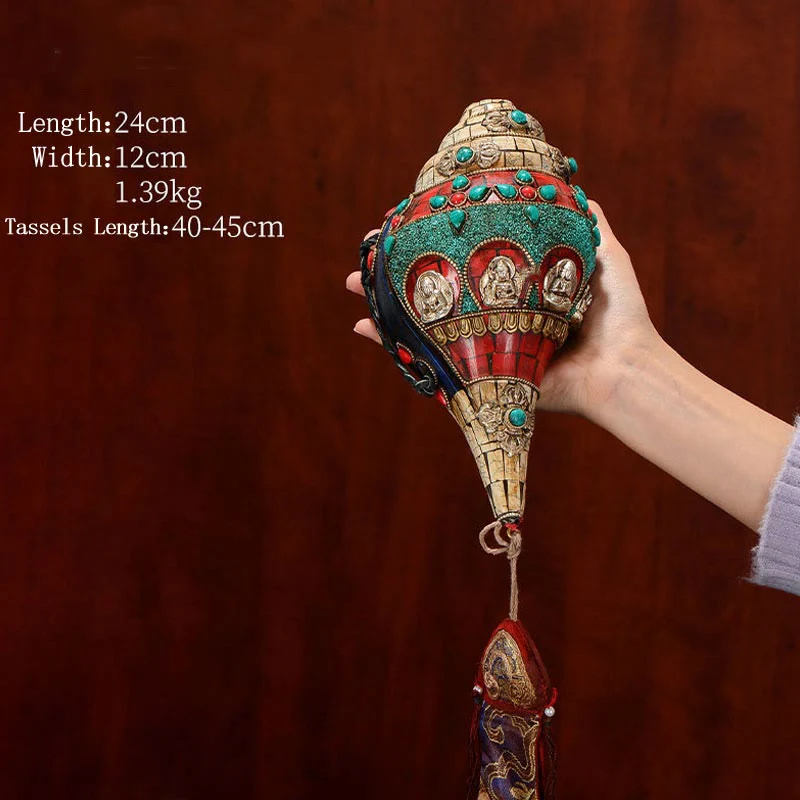 Tybetańska, ręcznie robiona Shankha Om Mani Padme Hum Budda Avalokitesvara turkusowa muszla pozytywna dekoracja - Image 17