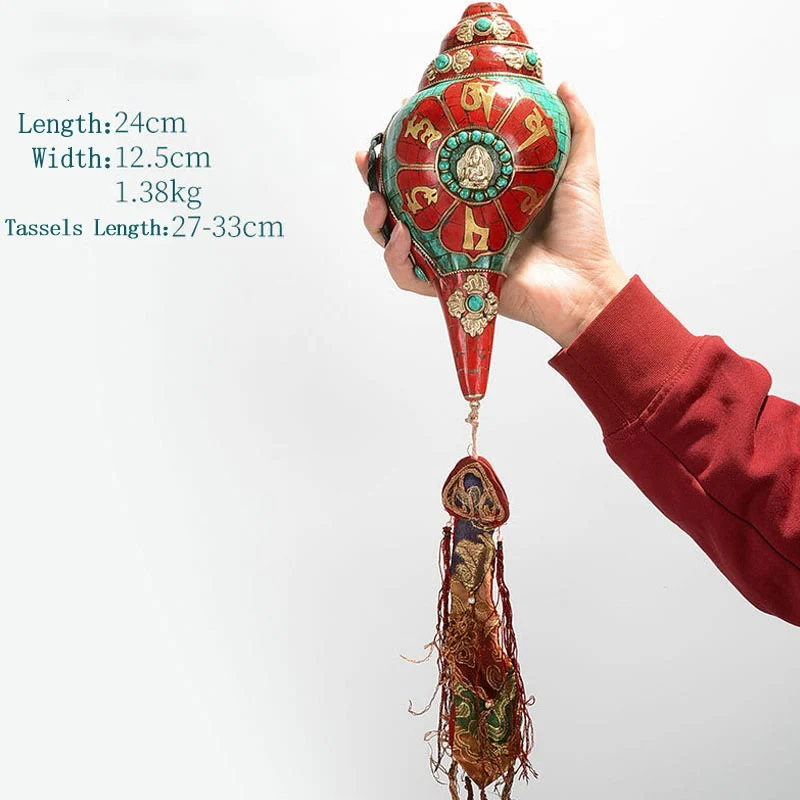 Tybetańska, ręcznie robiona Shankha Om Mani Padme Hum Budda Avalokitesvara turkusowa muszla pozytywna dekoracja - Image 19