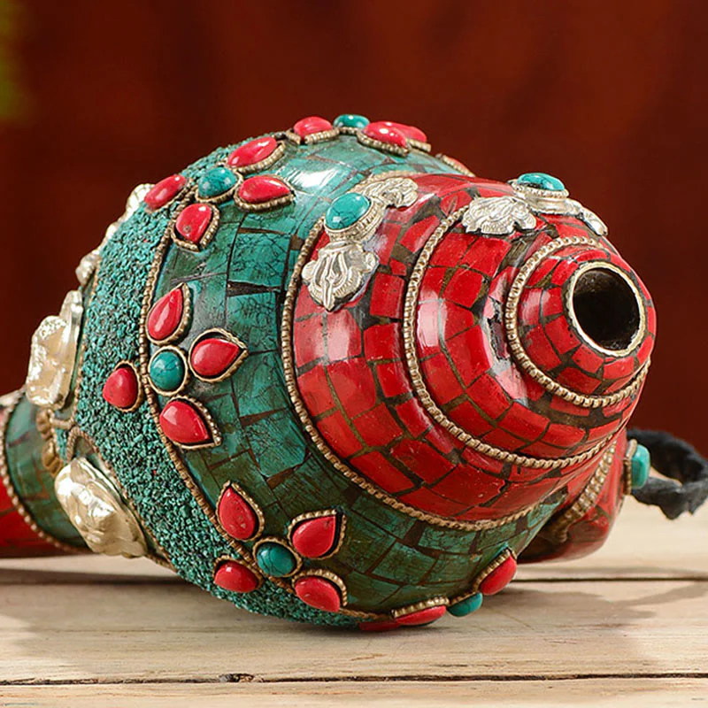 Tybetańska, ręcznie robiona Shankha Om Mani Padme Hum Budda Avalokitesvara turkusowa muszla pozytywna dekoracja - Image 5