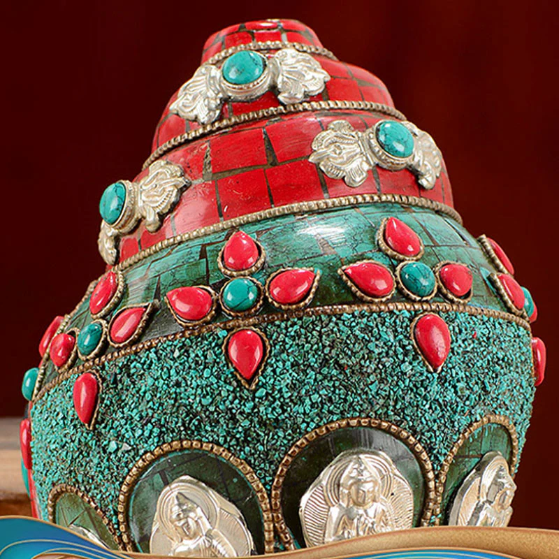 Tybetańska, ręcznie robiona Shankha Om Mani Padme Hum Budda Avalokitesvara turkusowa muszla pozytywna dekoracja - Image 6