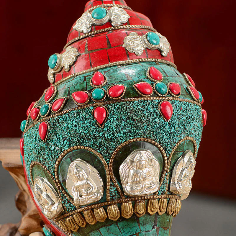 Tybetańska, ręcznie robiona Shankha Om Mani Padme Hum Budda Avalokitesvara turkusowa muszla pozytywna dekoracja - Image 7