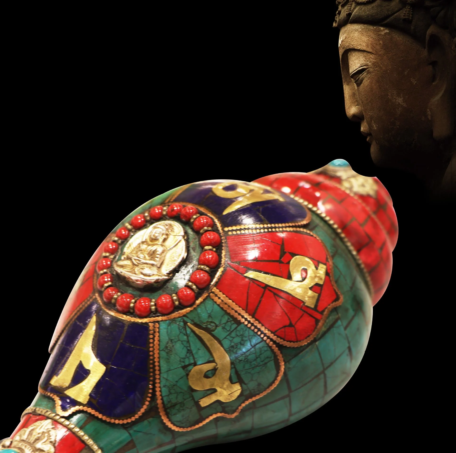 Tybetańska, ręcznie robiona Shankha Om Mani Padme Hum Budda Muszla Muszla Przynosząca szczęście dekoracja - Image 3